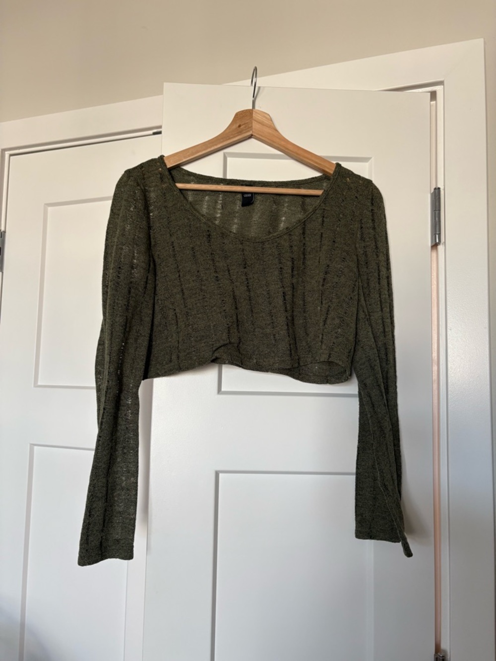 Olive Green Cropped Knit Long-Sleeve Top